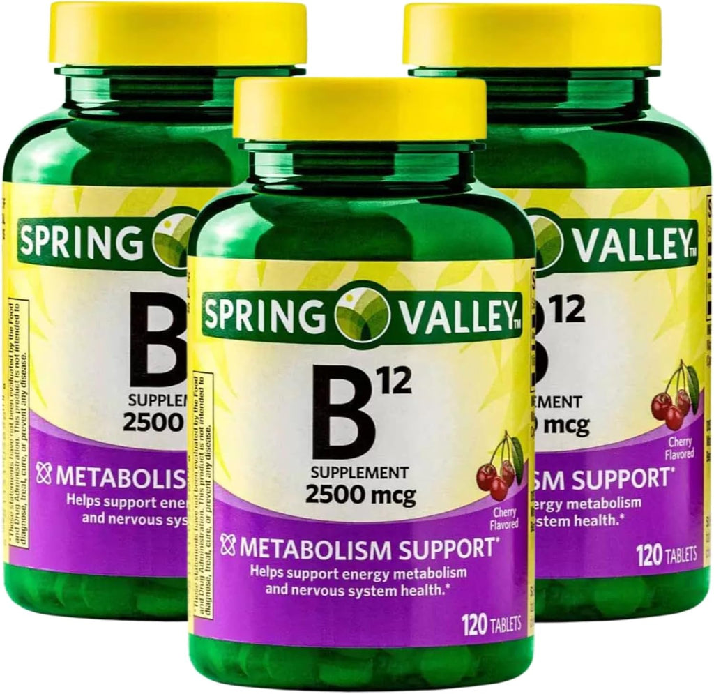 Vitamina B12 2500 mcg – 120 Comprimidos de Disolución Rápida Sabor Cereza, Vitaminas B12 para Hombres y Mujeres, Suplemento Vegano, Sin Gluten (Paquete de 3)