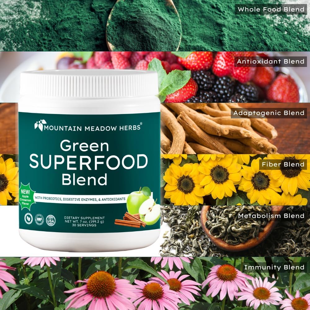 Mountain Meadow Herbs Green Superfood Blend – Mezcla de Superalimentos Verdes con Espirulina, Chlorella, Probióticos y Enzimas Digestivas – 30 porciones
