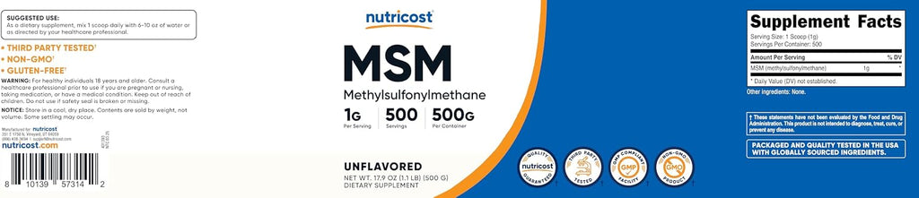 Nutricost MSM Puro en Polvo 500 Gramos (Metilsulfonilmetano)