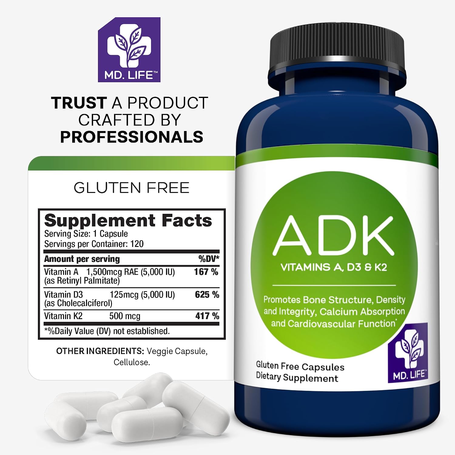 MD.LIFE ADK Vitamin Supplement – Complejo de Vitaminas A, D3 y K2 – 120 Cápsulas