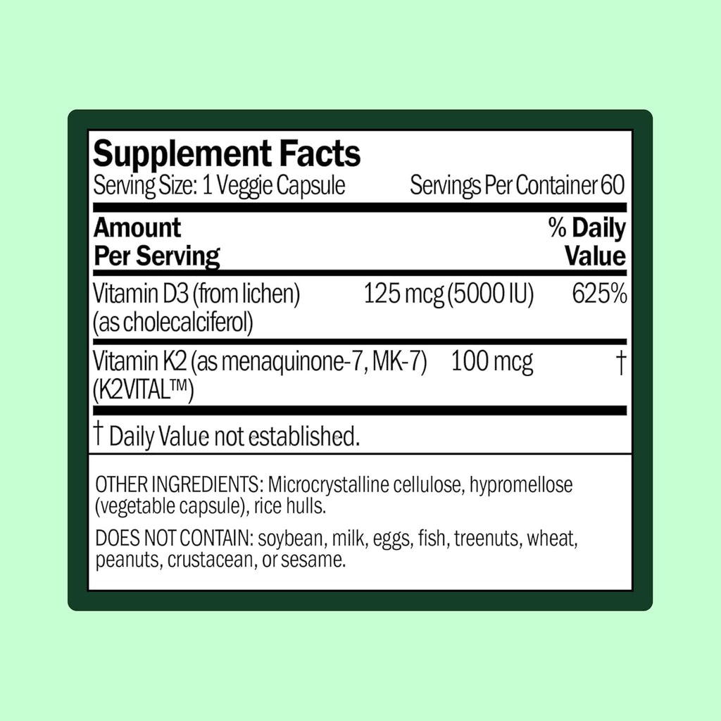 WellWithAll Vitamina D3 5000 UI (125 mcg) con Vitamina K2 100 mcg - 60 Cápsulas Veganas
