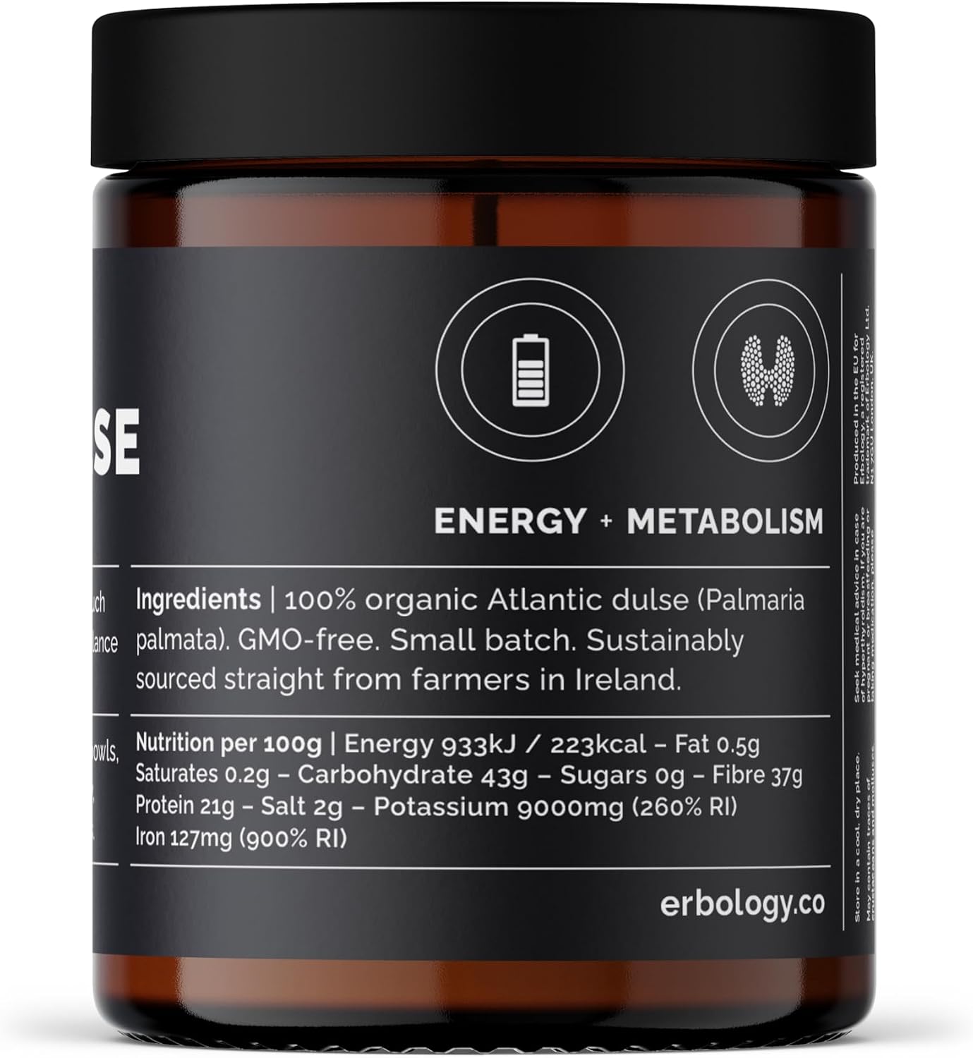 Erbology Polvo de Dulse Orgánico del Atlántico 3.2 oz (90 g) - 90 Porciones - Rico en Yodo y Hierro - Sin OGM