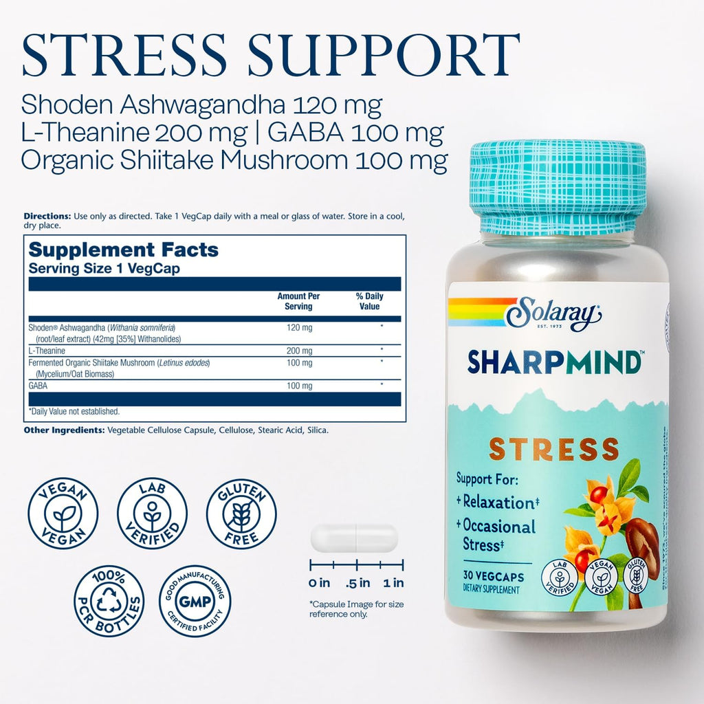 SOLARAY SharpMind Stress - Suplemento para el Estrés con Ashwagandha, L-Theanina y GABA, 30 Cápsulas Veganas