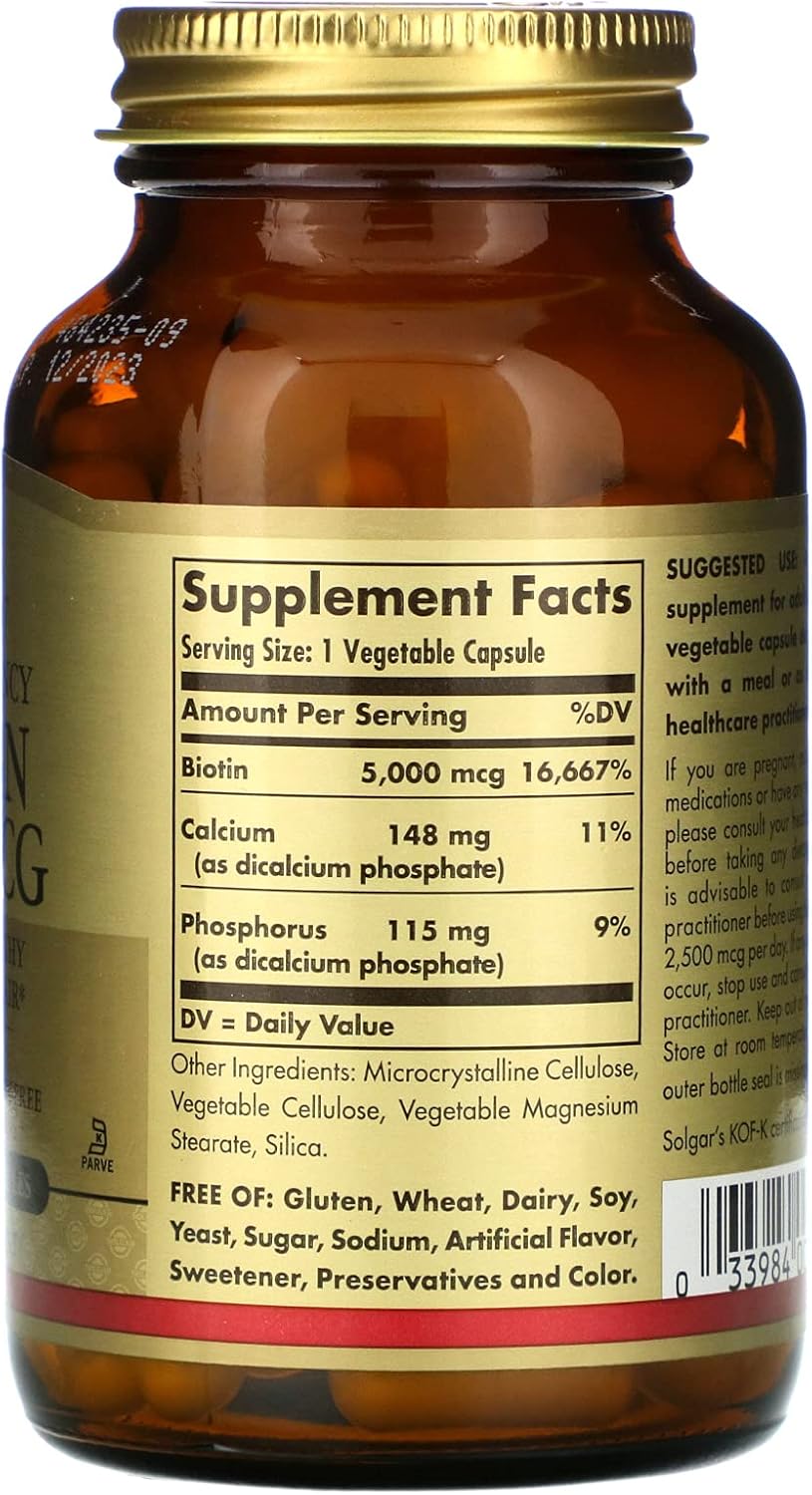 Solgar Biotin 5000 mcg - 180 Cápsulas - Alta Potencia - Con Eyebright, Ginkgo, NAC, Taurina, Carotenoides - Sin Gluten, Vegano