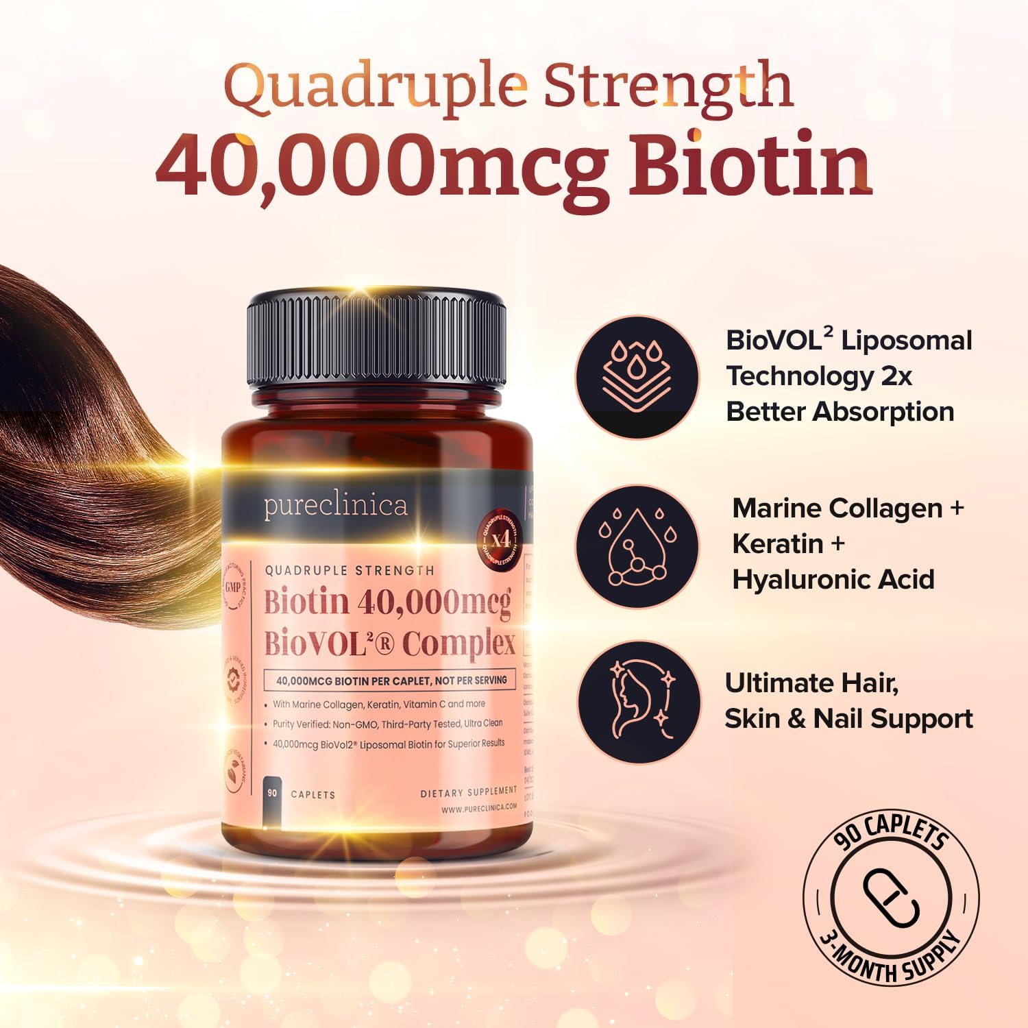 pureclinica Biotina 400% Potencia 40.000mcg 90 Caplets