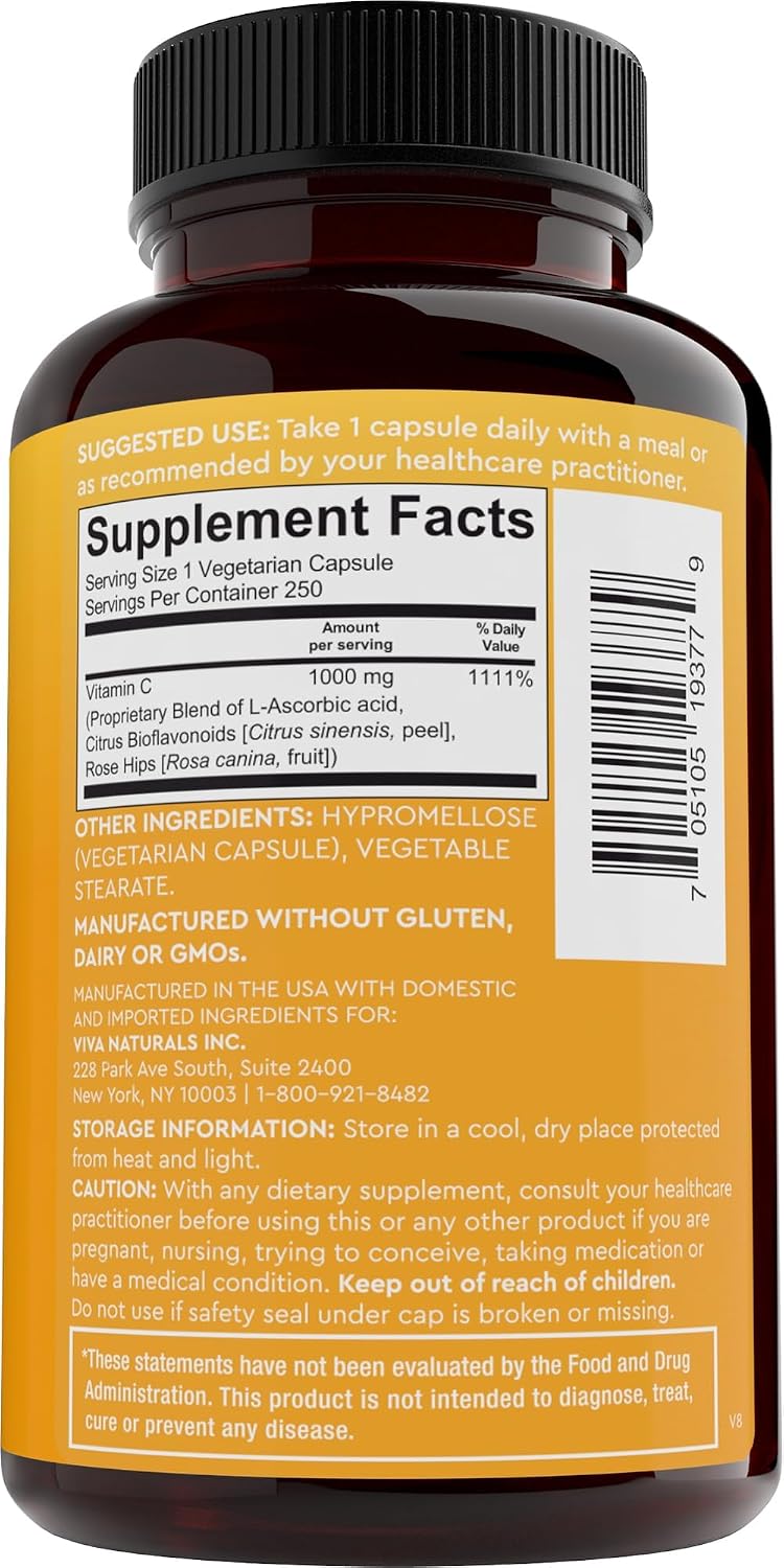 Viva Naturals Vitamin C 1000 mg with Citrus Bioflavonoids & Rose Hips – 250 Vegetarian Capsules