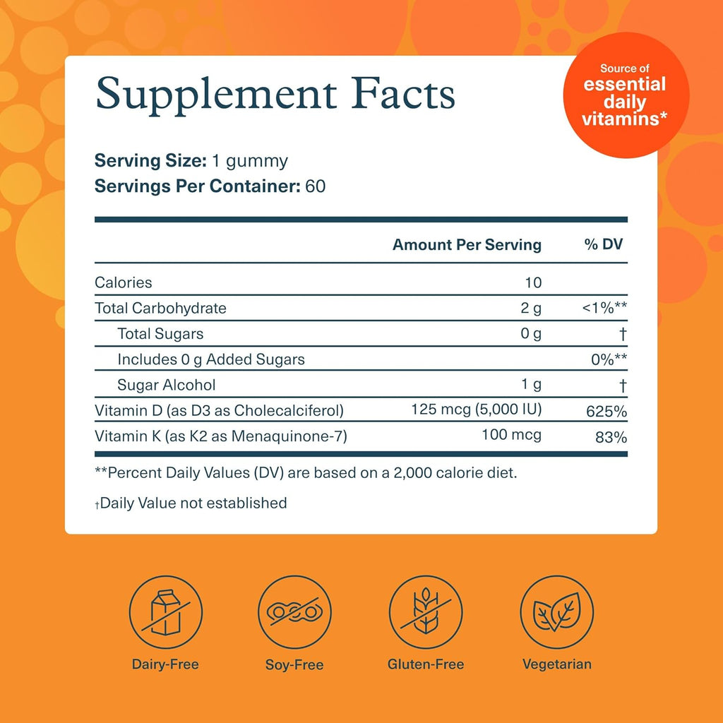 Youtheory K2D3 Gummies - 60 Gominolas de Vitamina D3 y K2, Sin Azúcar, Sabor Melocotón