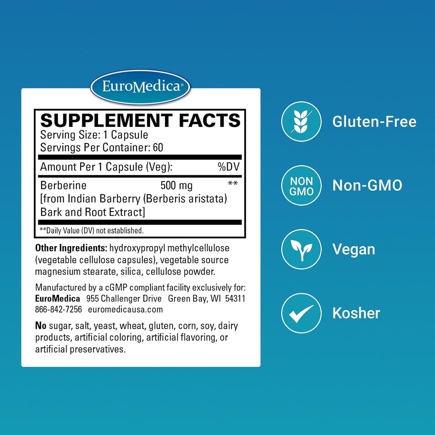 EuroMedica Berberina 500 mg - Suplemento para la Salud Metabólica, 60 Cápsulas Veganas