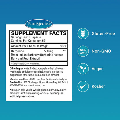 EuroMedica Berberina 500 mg - Suplemento para la Salud Metabólica, 60 Cápsulas Veganas – Image 2