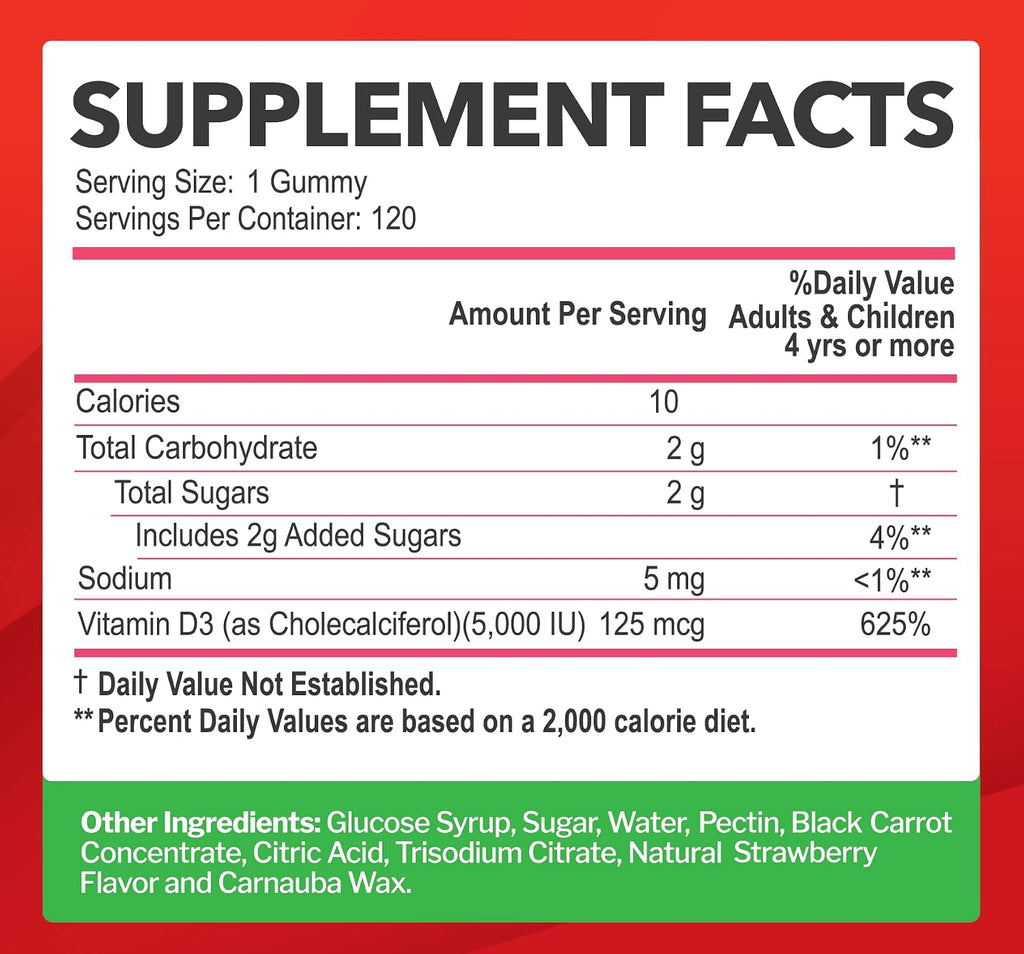 Gomitas de Vitamina D3 5000 UI - Just Nutrients - 120 Gomitas con Sabor a Fresa - Sin Gluten, No GMO