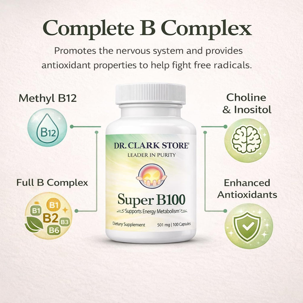 Dr Clark Store Complejo B (Super B100) – 100 Cápsulas de Gelatina con Metilcobalamina