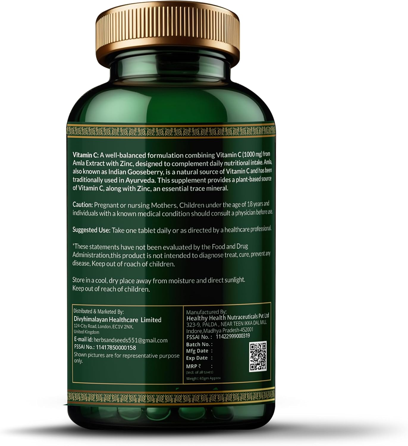 HERBS & SEEDS Vitamina C con Zinc – 1000 mg, 120 Comprimidos de Origen Vegetal