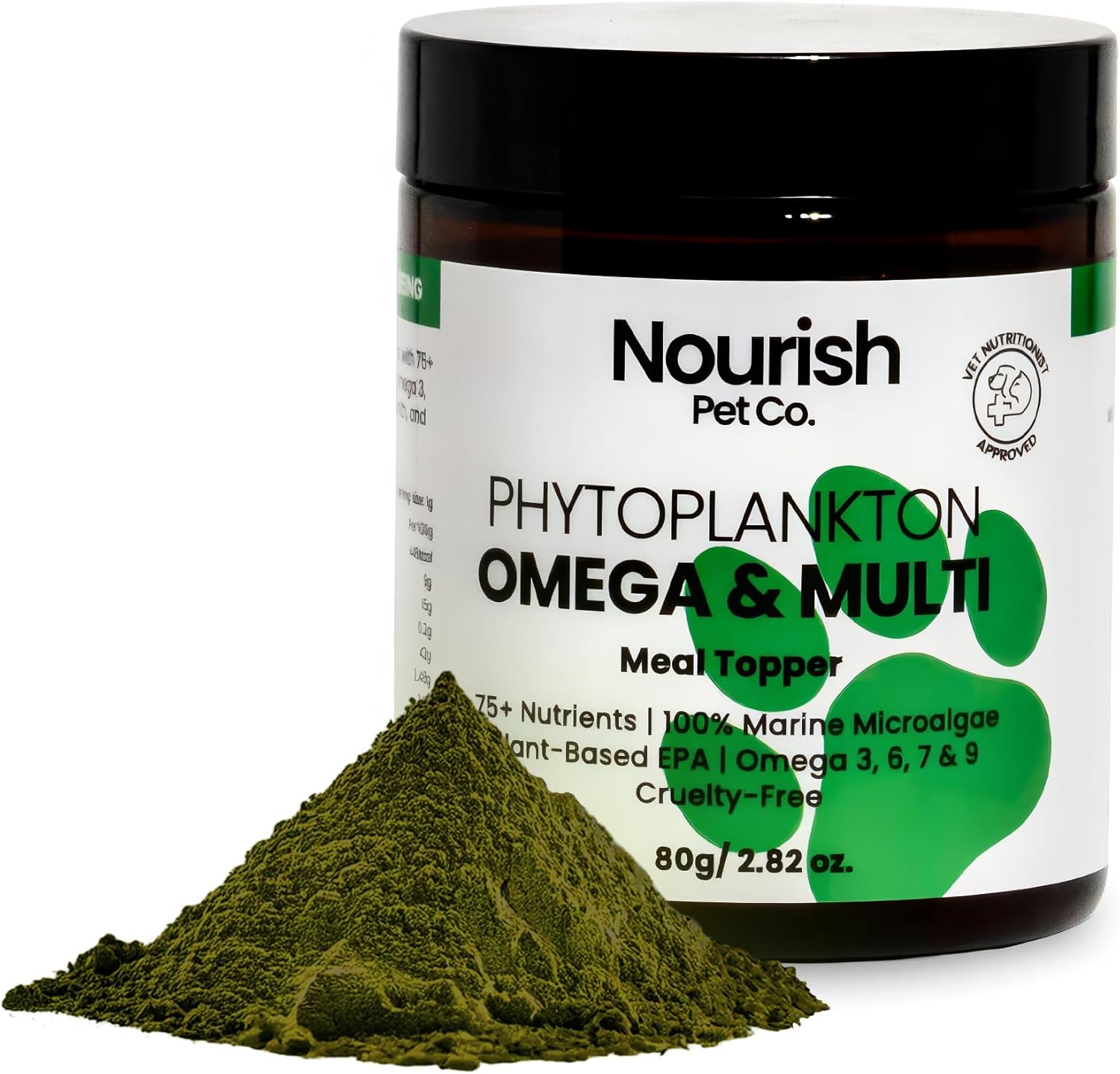 Nourish Pet Co. Fitoplancton Omega y Multivitamínico para Perros y Gatos – Suplemento de Omega-3 de Fitoplancton – Fórmula de Bienestar para Piel, Pelaje, Articulaciones, Equilibrio Inmune y Vitalidad 80g