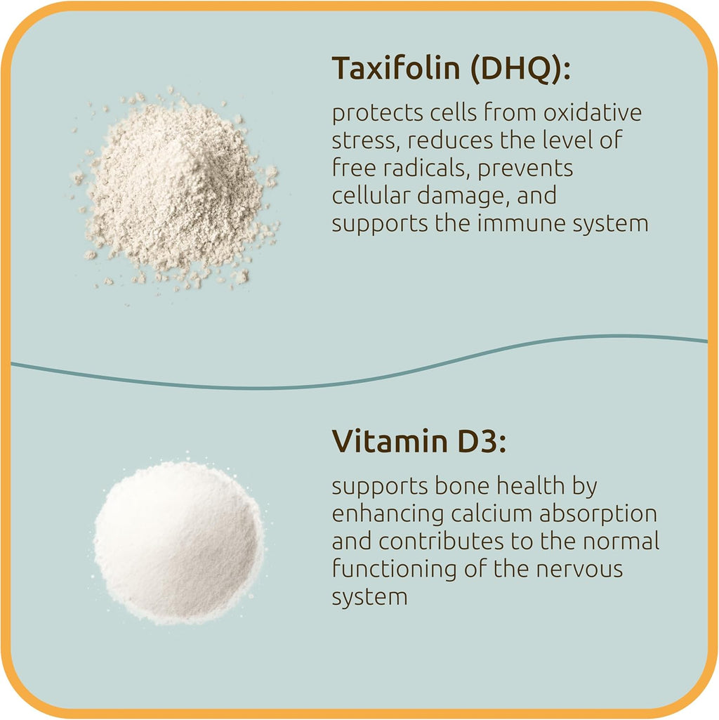 Taxifolina (Dihidroquercetina) + Vitamina D3 – 530 mg, 60 Cápsulas Veganas – Antioxidante y Salud Ósea