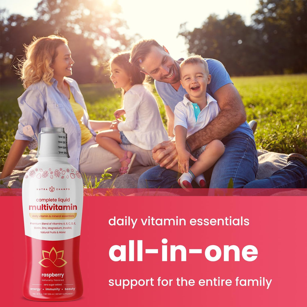 NutraChamps Complete Liquid Multivitamins | Sin Azúcar Añadido | Vitaminas para Mujeres, Hombres y Niños | Suplemento Multivitamínico Líquido Vegano | Energía, Inmunidad y Belleza