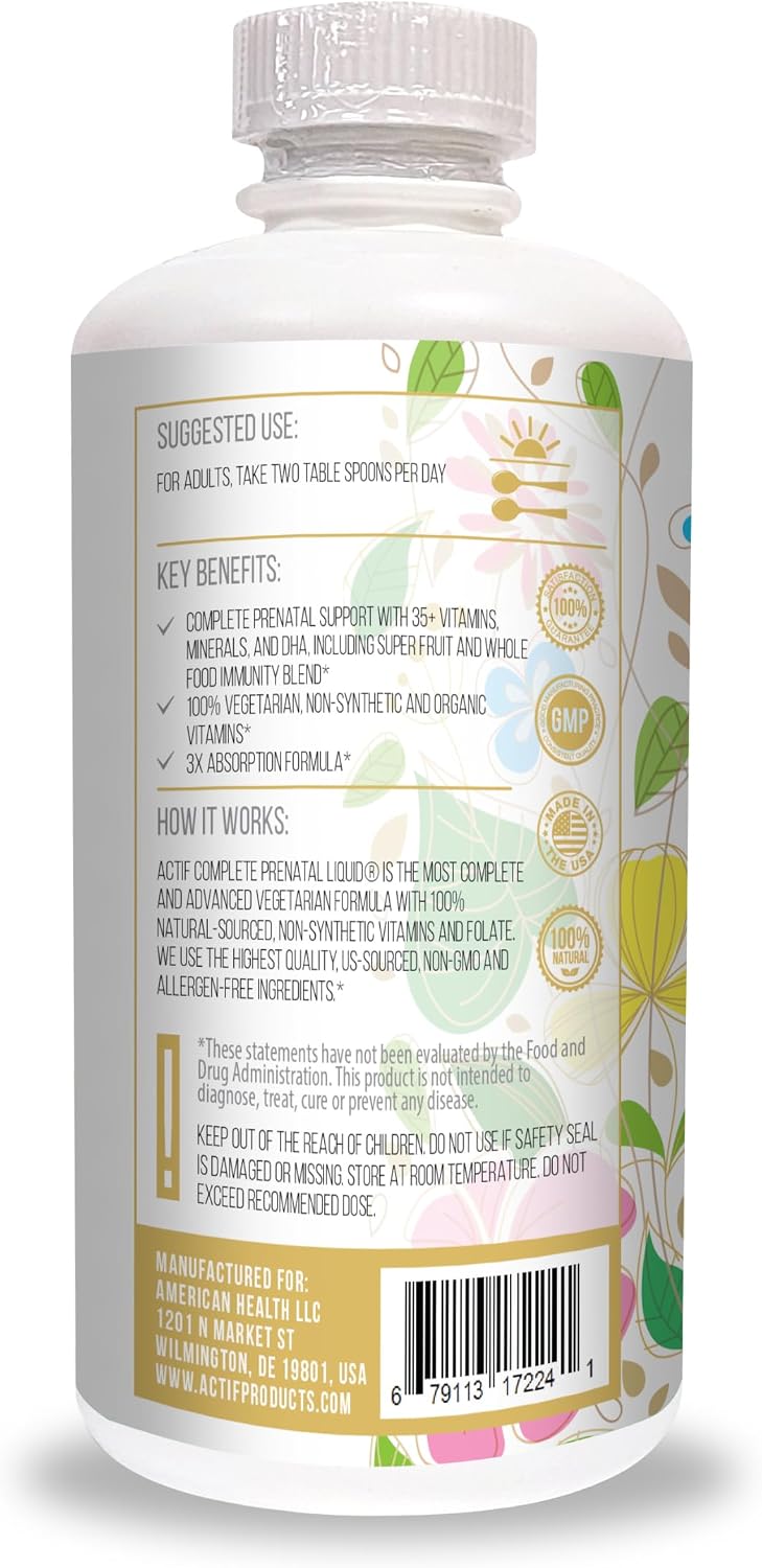 ACTIF Líquido Prenatal Orgánico Completo - 35+ Vitaminas con DHA y Colina, 32 oz (946 ml)