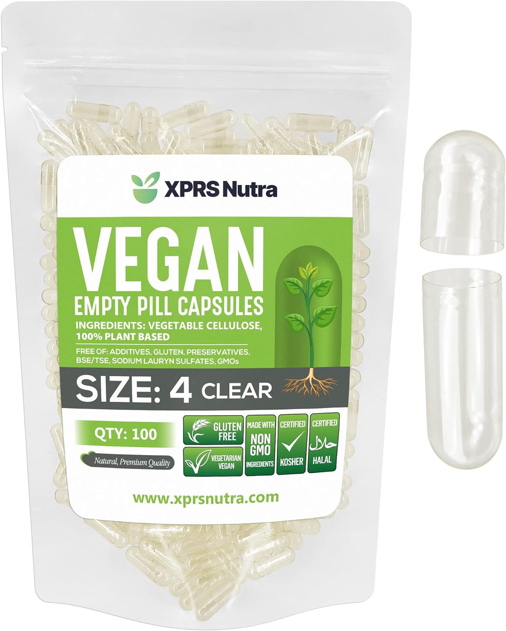 XPRS Nutra Cápsulas Vacías Tamaño 4 - 100 Unidades - Cápsulas Vegetales Pequeñas Transparentes