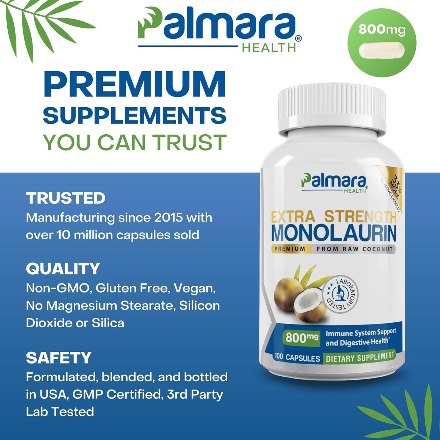 Palmara Health Extra Strength Monolaurin 1.600 mg por Dosis, 800 mg por Cápsula