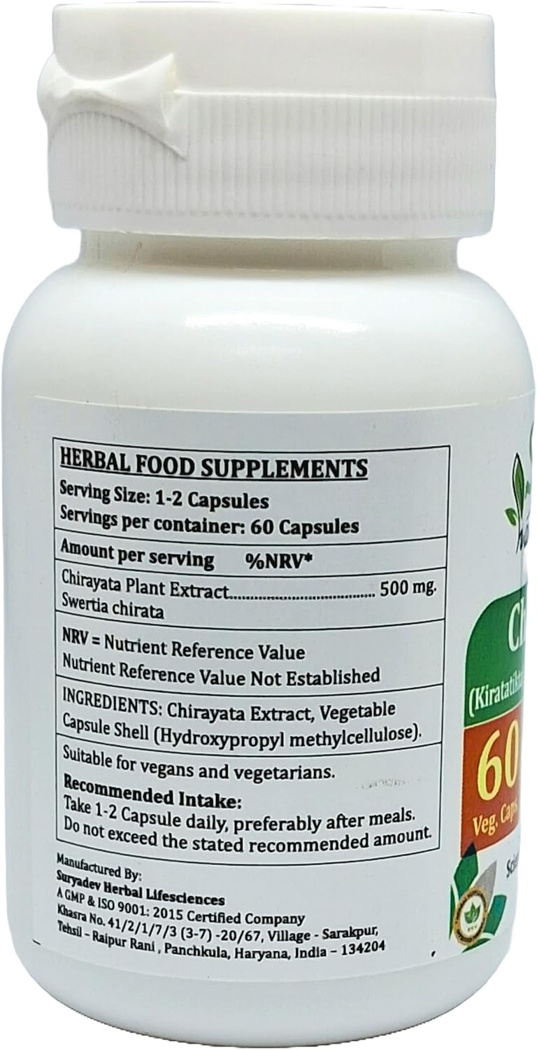 Chirayata Forte - Extracto de Swertia Chirata (Kiratatikta) 500 mg - 60 Cápsulas Vegetarianas