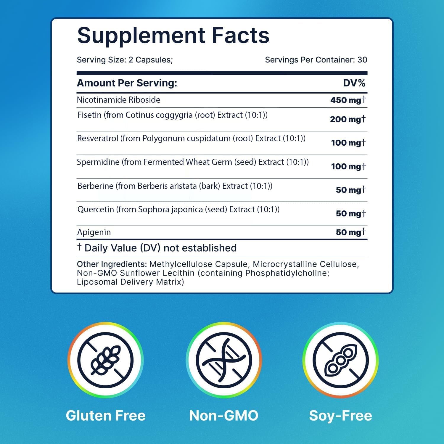 Complejo Liposomal NR con Resveratrol, Fisetina, Espermidina y Berberina - 500mg, 60 Cápsulas