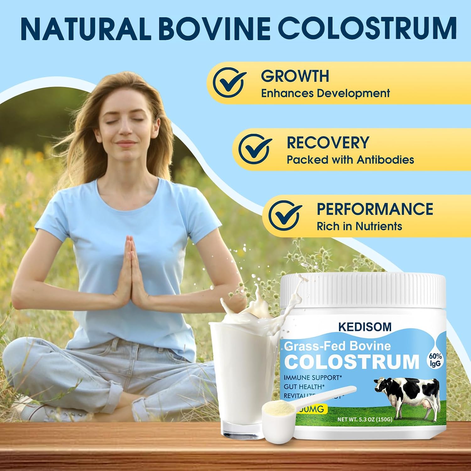 KEDISOM Colostro Bovino en Polvo - Grass-Fed, Liposomal, 60% IgG, 3000 mg, 50 Porciones