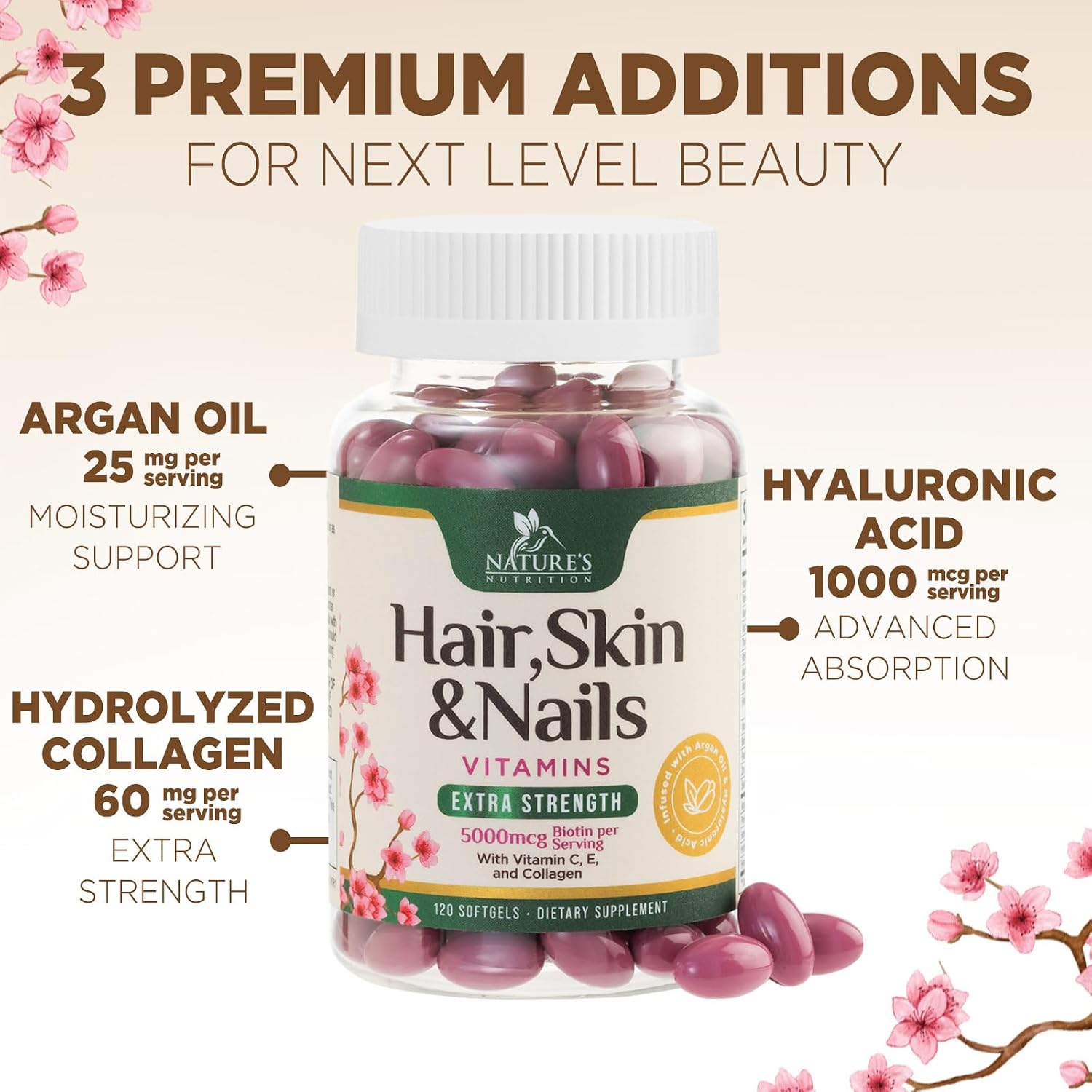 Nature's Nutrition - Biotina 5000 mcg con Colágeno y Ácido Hialurónico para Cabello, Piel y Uñas - 120 Cápsulas Blandas