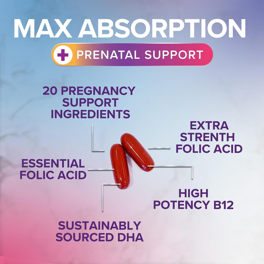 Vitaminas Prenatales con Ácido Fólico y Omega 3 DHA - Suplemento Multivitamínico para el Embarazo - 240 Cápsulas Blandas