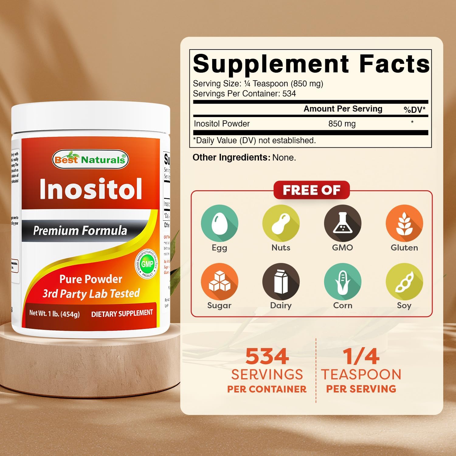 Best Naturals Inositol puro en polvo (vitamina B8), 454 g