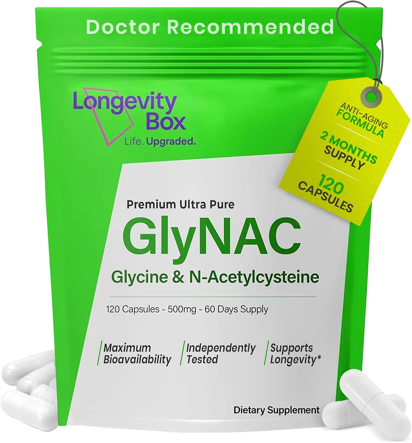 Longevity Box Ultra Pure GlyNAC 1000mg - 120 Cápsulas Veganas