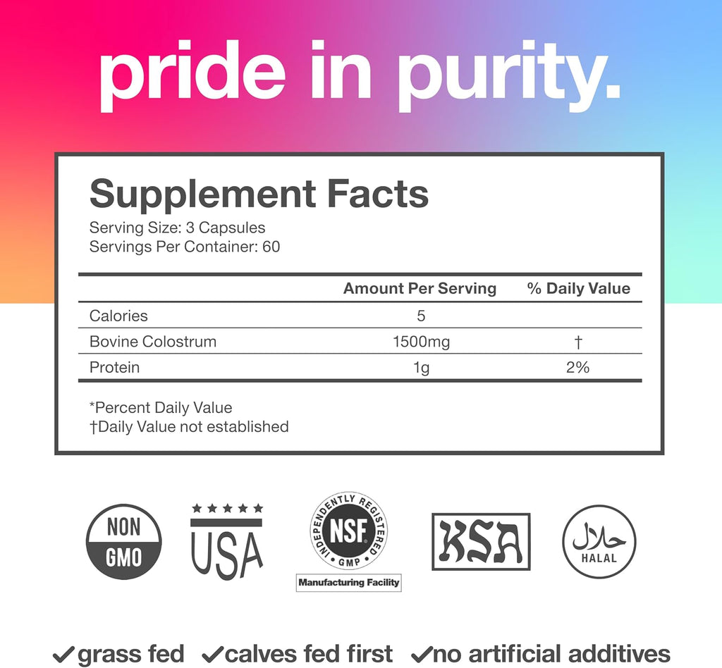 Pure Bovine Colostrum 180 Cápsulas - Sin Antibióticos ni Hormonas - De Origen Estadounidense - 100% Natural - Primer Ordeño