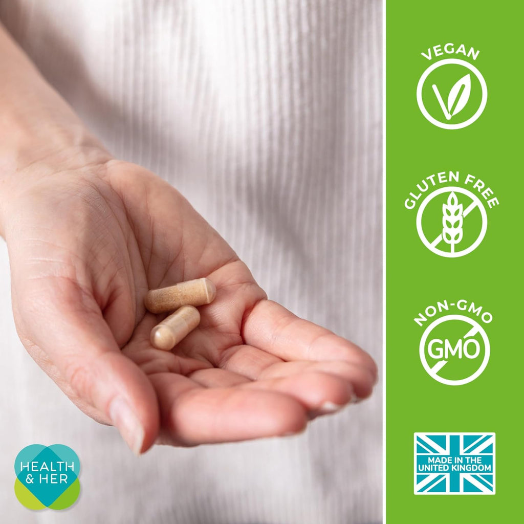 Health & Her Complementos para la Menopausia - Apoyo Multinutriente para Energía, Huesos, Músculos, Piel y Cabello - Vegano, Sin Gluten (60 Cápsulas - 1 Mes)