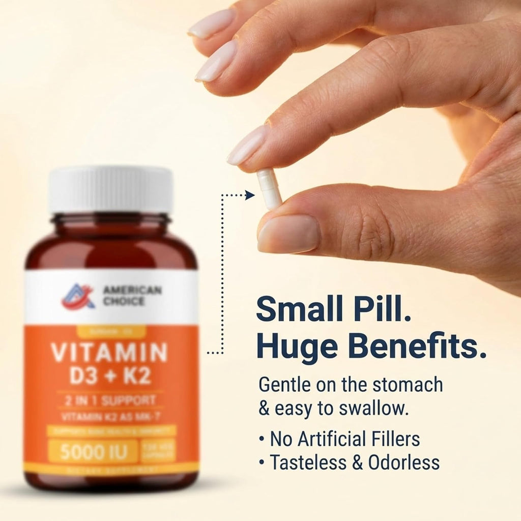 American Choice Vitamina D3 5000 UI + K2 (MK-7) 100 mcg – 120 Cápsulas