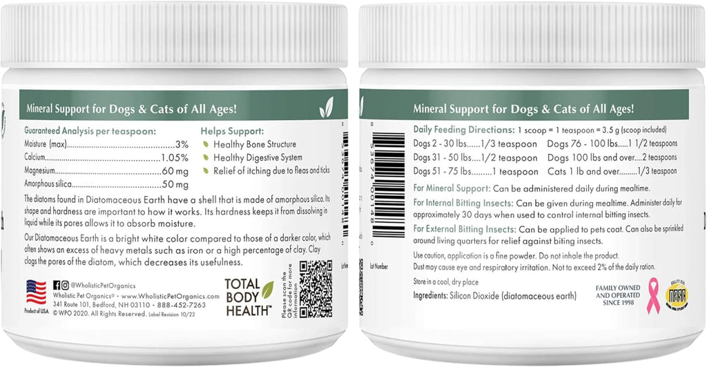 Wholistic Pet Organics Tierra de Diatomeas - Grado Alimenticio para Perros y Gatos - 113 g