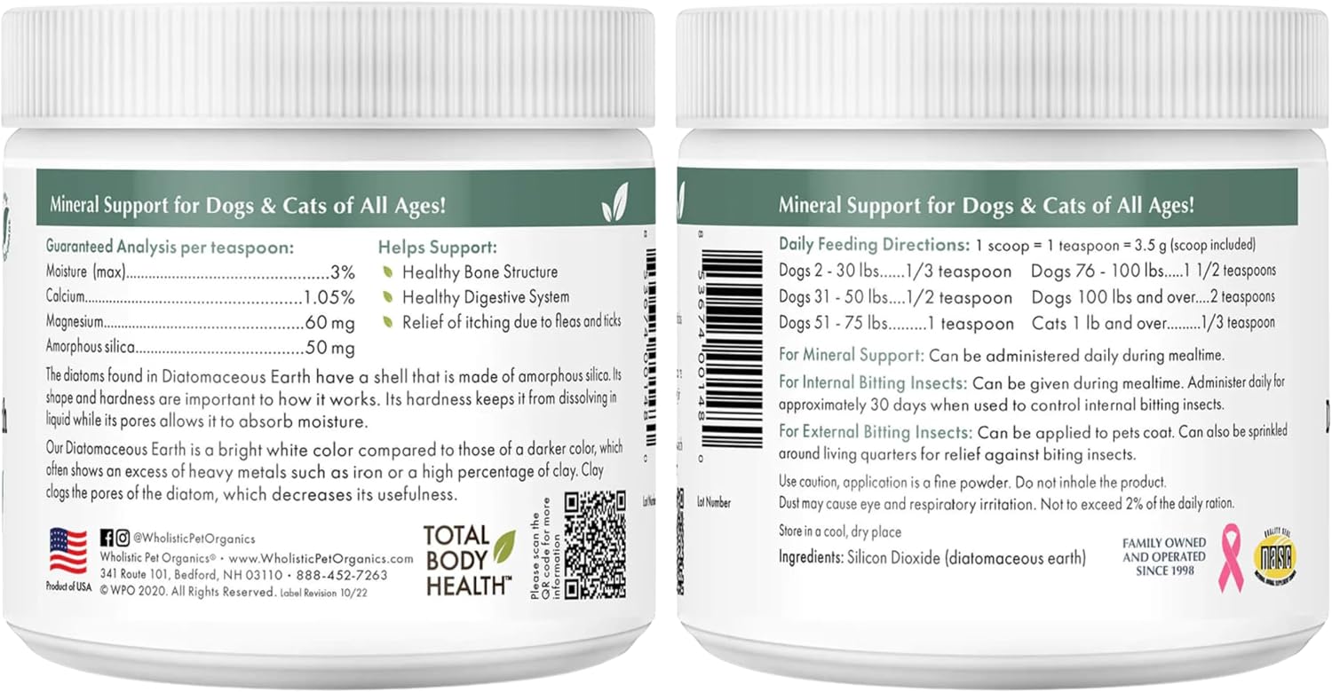 Wholistic Pet Organics Tierra de Diatomeas - Grado Alimenticio para Perros y Gatos - 113 g