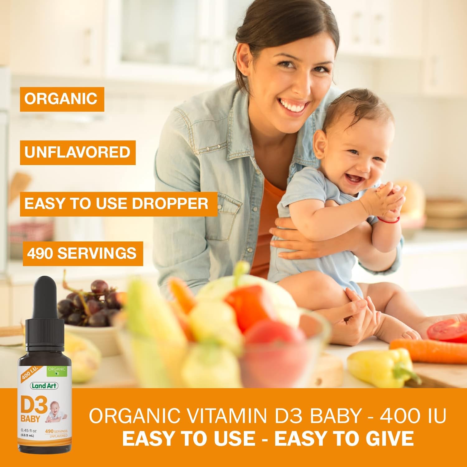 Land Art – Gotas de Vitamina D3 Orgánica para Bebés – 400 UI por gota – 490 Dosis – Sin OGM y Sin Gluten – 13 ml