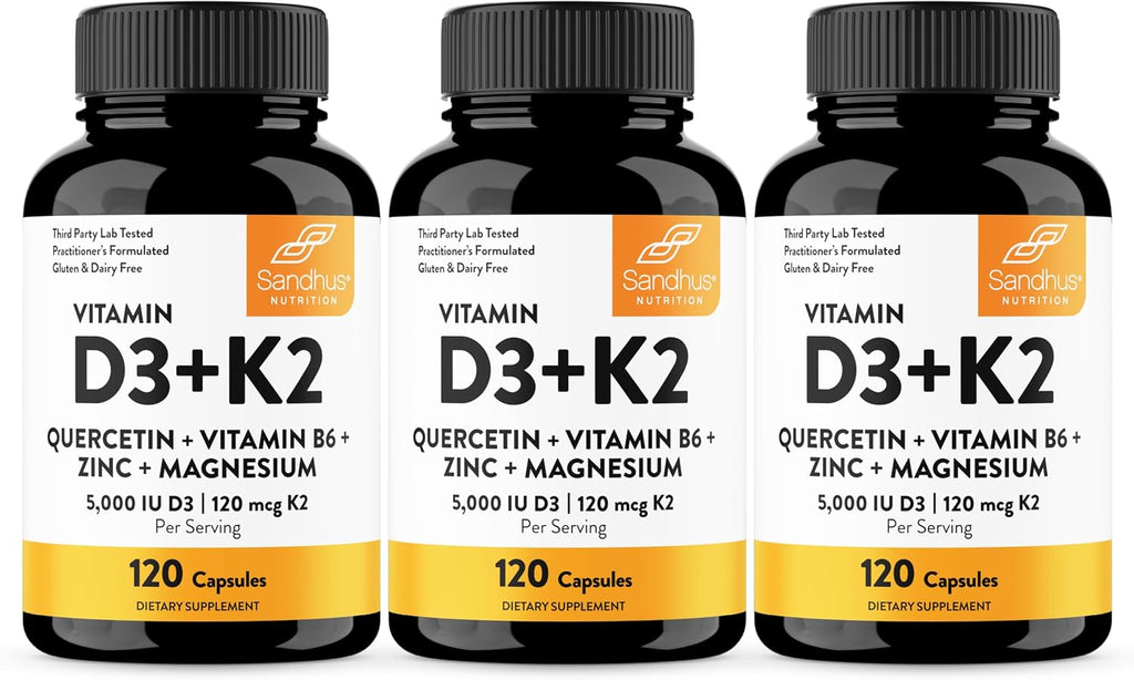 Sandhu's Vitamina D3 K2 Magnesio 5000 UI, 120mcg K2 - 120 Cápsulas (Pack de 3)