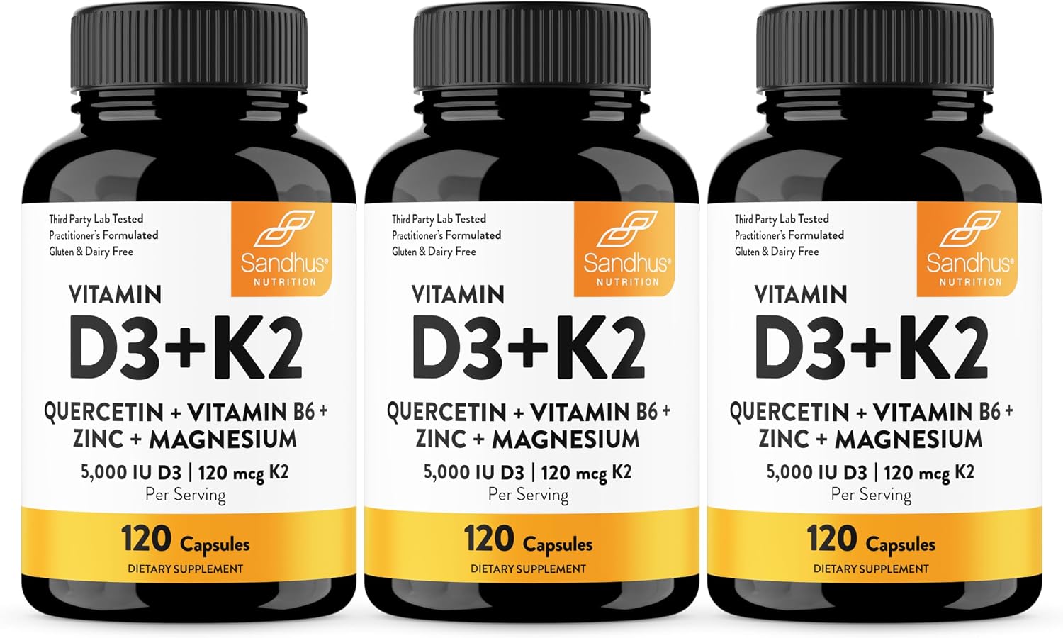 Sandhu's Vitamina D3 K2 Magnesio 5000 UI, 120mcg K2 - 120 Cápsulas (Pack de 3)