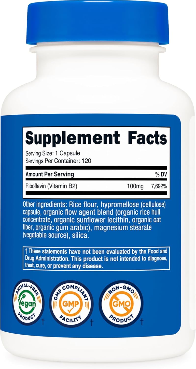 Nutricost Vitamina B2 (Riboflavina) 100mg, 120 Cápsulas - Sin Gluten y No Transgénico