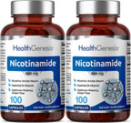 B-3 Nicotinamida 500 mg 100 Cápsulas (2 Paquetes) - Fórmula de Niacina Natural Sin Enrojecimiento - Health Genesis