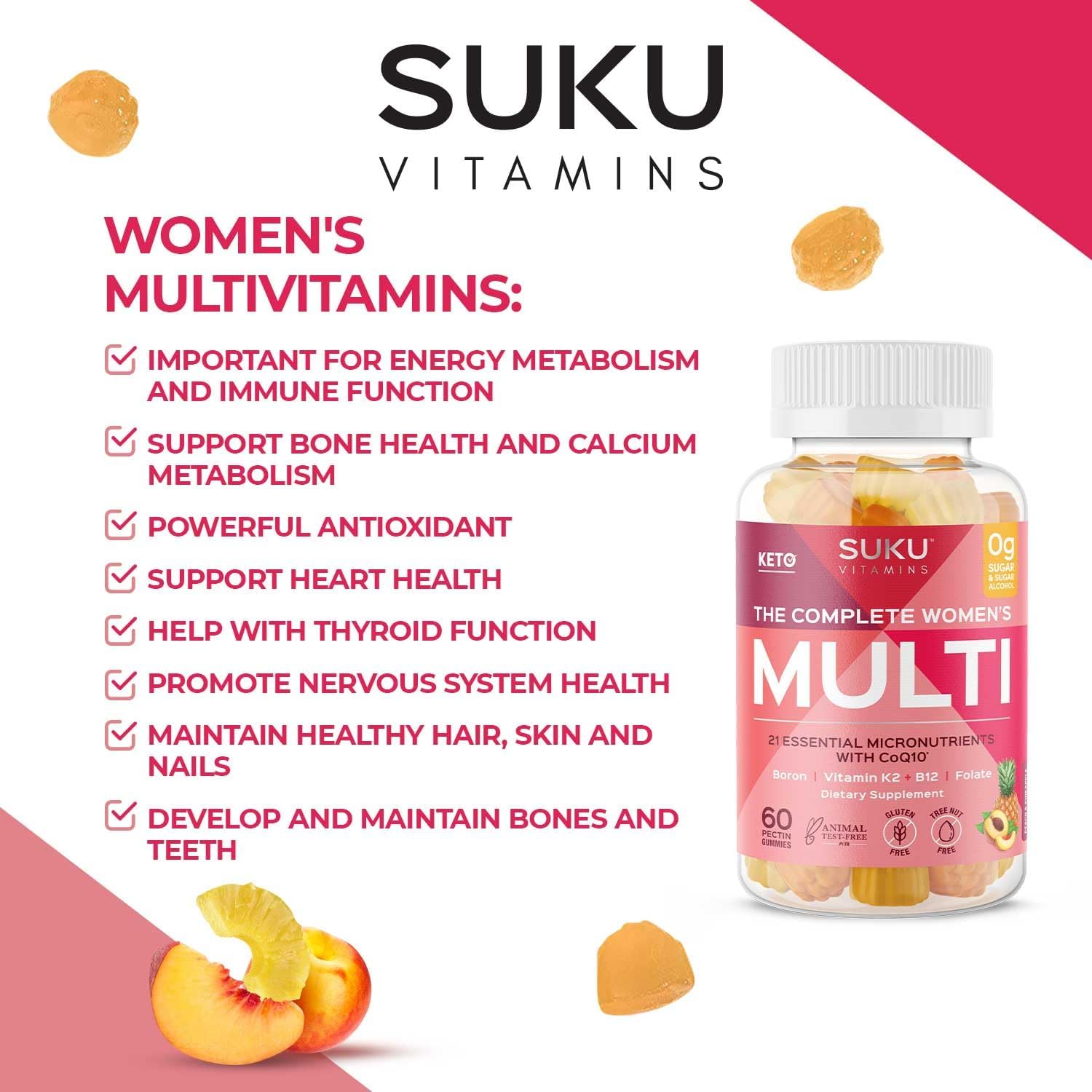 SUKU Multivitamínico Completo para Mujeres - 60 Gominolas sabor Piña y Melocotón