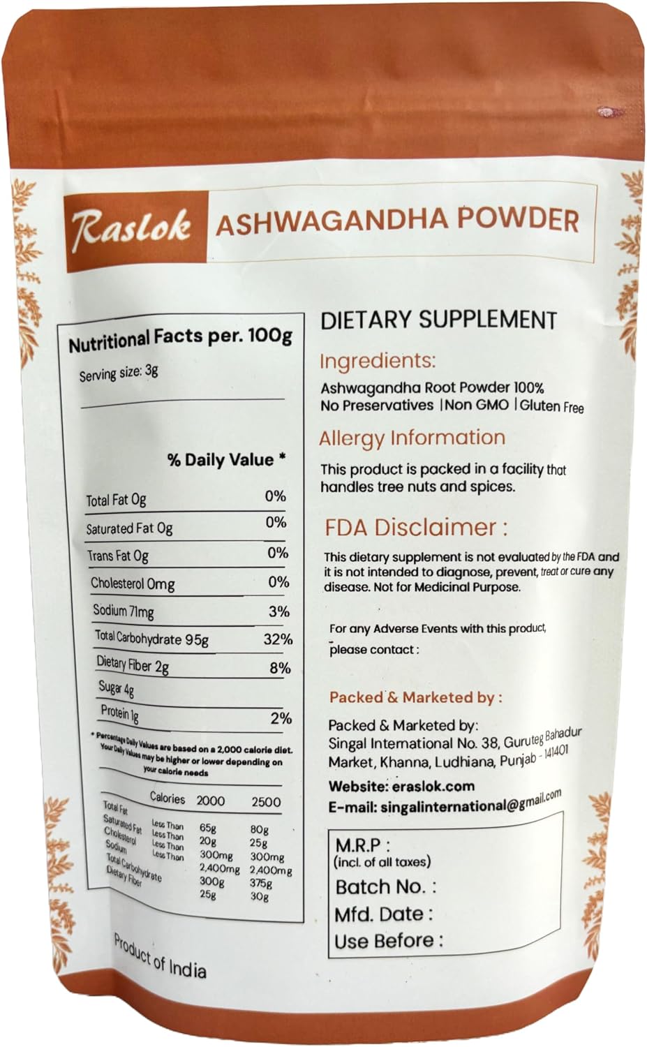 Raslok Ashwagandha en Polvo - Raíz de Grado A - No GMO, Vegano y Crudo de India (227 g)