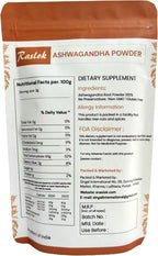 Raslok Ashwagandha en Polvo - Raíz de Grado A - No GMO, Vegano y Crudo de India (227 g)