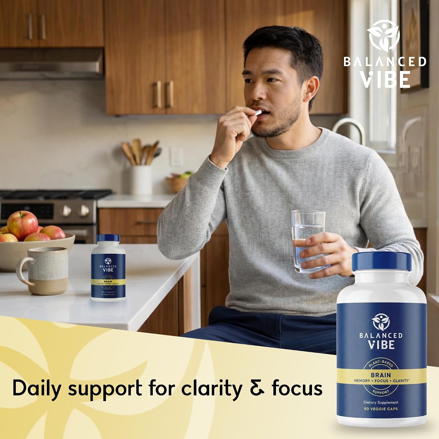 Balanced Vibe Brain Supplement 8 in 1 con Lion's Mane, Bacopa, Rhodiola, Ginkgo para Memoria, Enfoque y Claridad Mental, Sin Estimulantes, Vegano, 90 Cápsulas