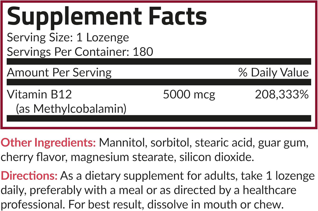 Futurebiotics Methyl B12 5000 MCG Vitamin B12 Methylcobalamin, Cherry Flavor Non-GMO, 180 Vegetarian Lozenges