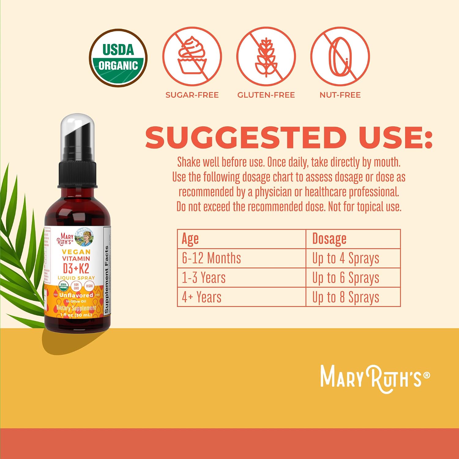 MaryRuth's Spray Orgánico de Vitamina D3 + K2 (MK-7) | 30 dosis