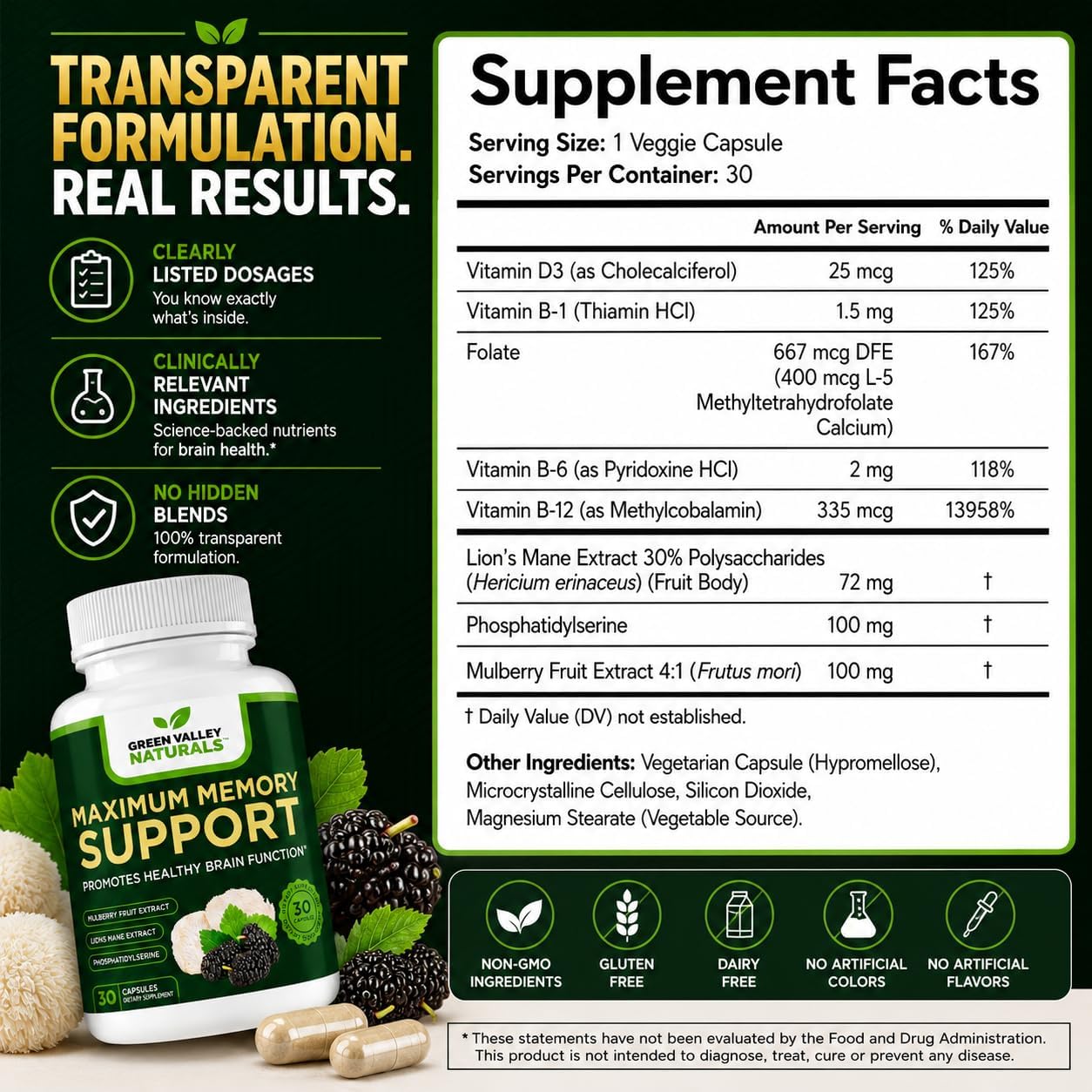 Green Valley Naturals Maximum Memory Support - Suplemento Cognitivo con Lion's Mane, Mulberry, Phosphatidylserine y Vitaminas B Metiladas - 30 Cápsulas
