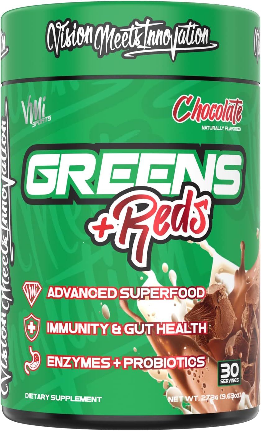 VMI Sports Greens + Reds Advanced Superfood con Probióticos y Enzimas - Sabor Chocolate (30 dosis)
