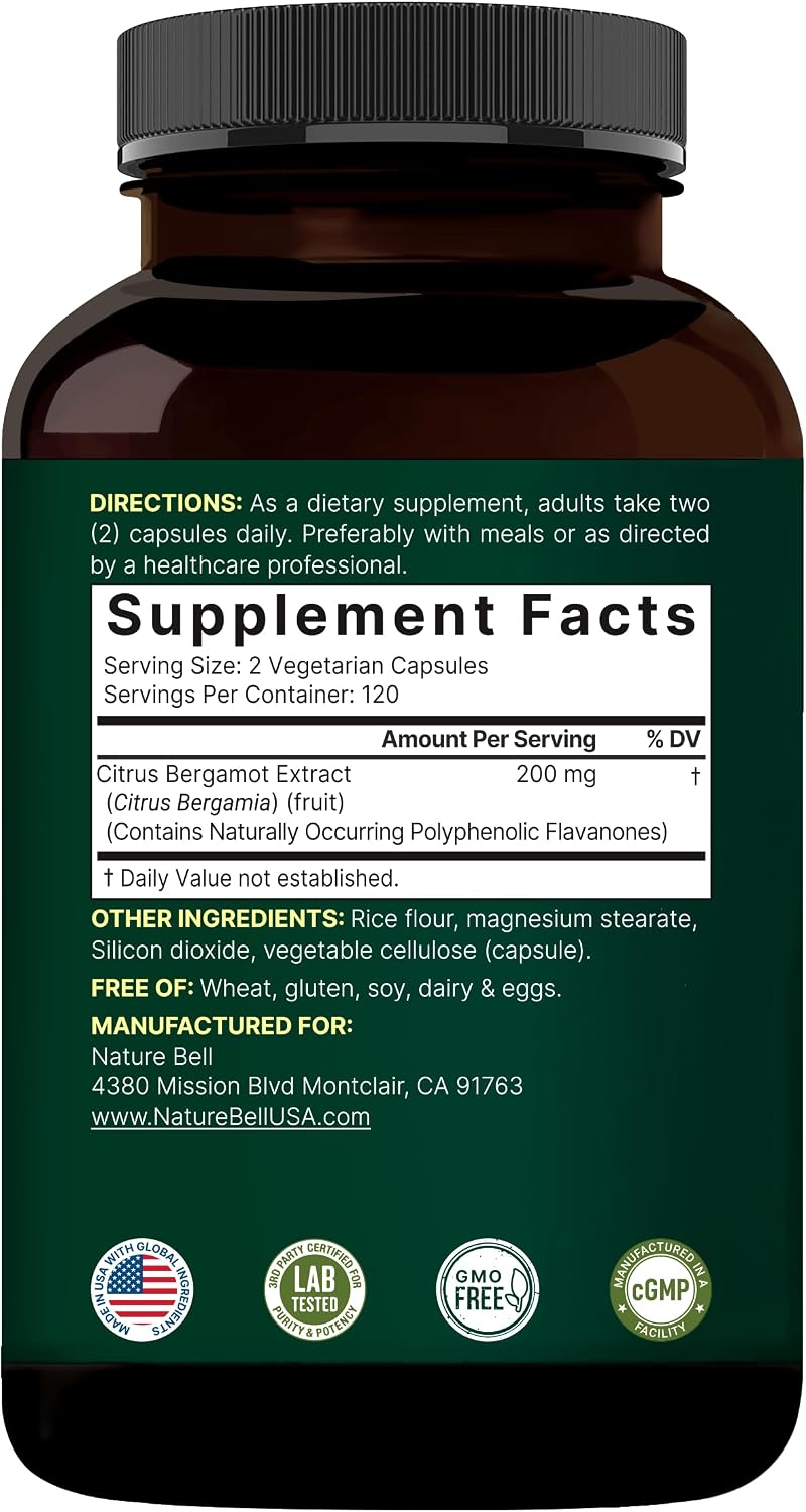 NatureBell Citrus Bergamot, 240 Cápsulas Vegetales – Extracto Real de Fruta con Flavanonas Polifenólicas – No Transgénico, Certificado cGMP