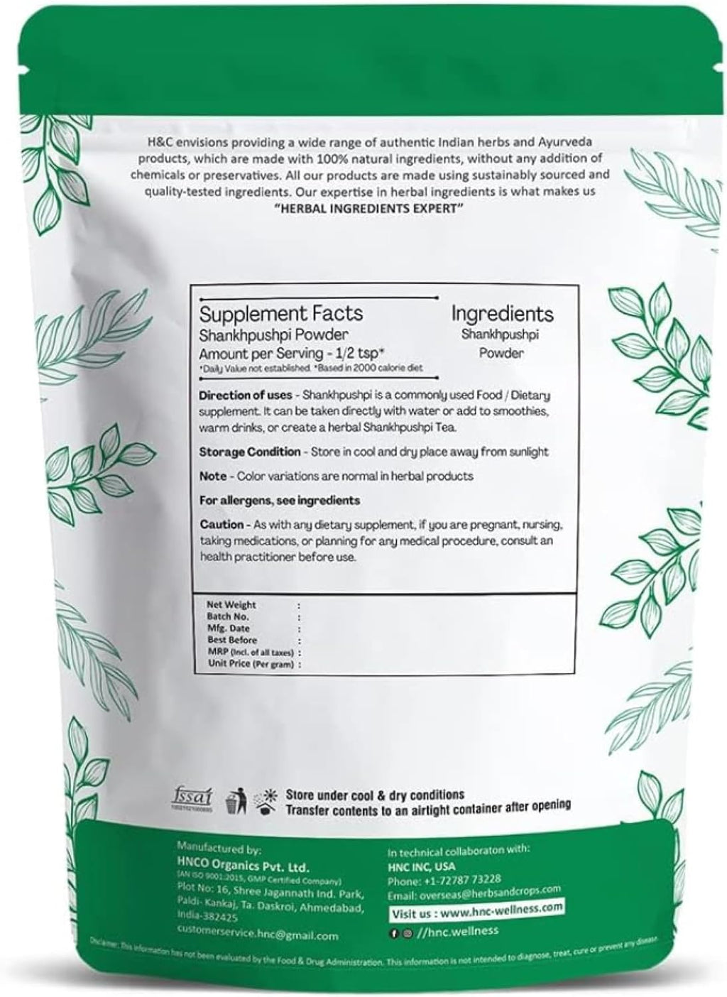 H&C Shankhpushpi Powder (Convolvulus pluricaulis) 227g - Suplemento Ayurvédico para Memoria y Concentración