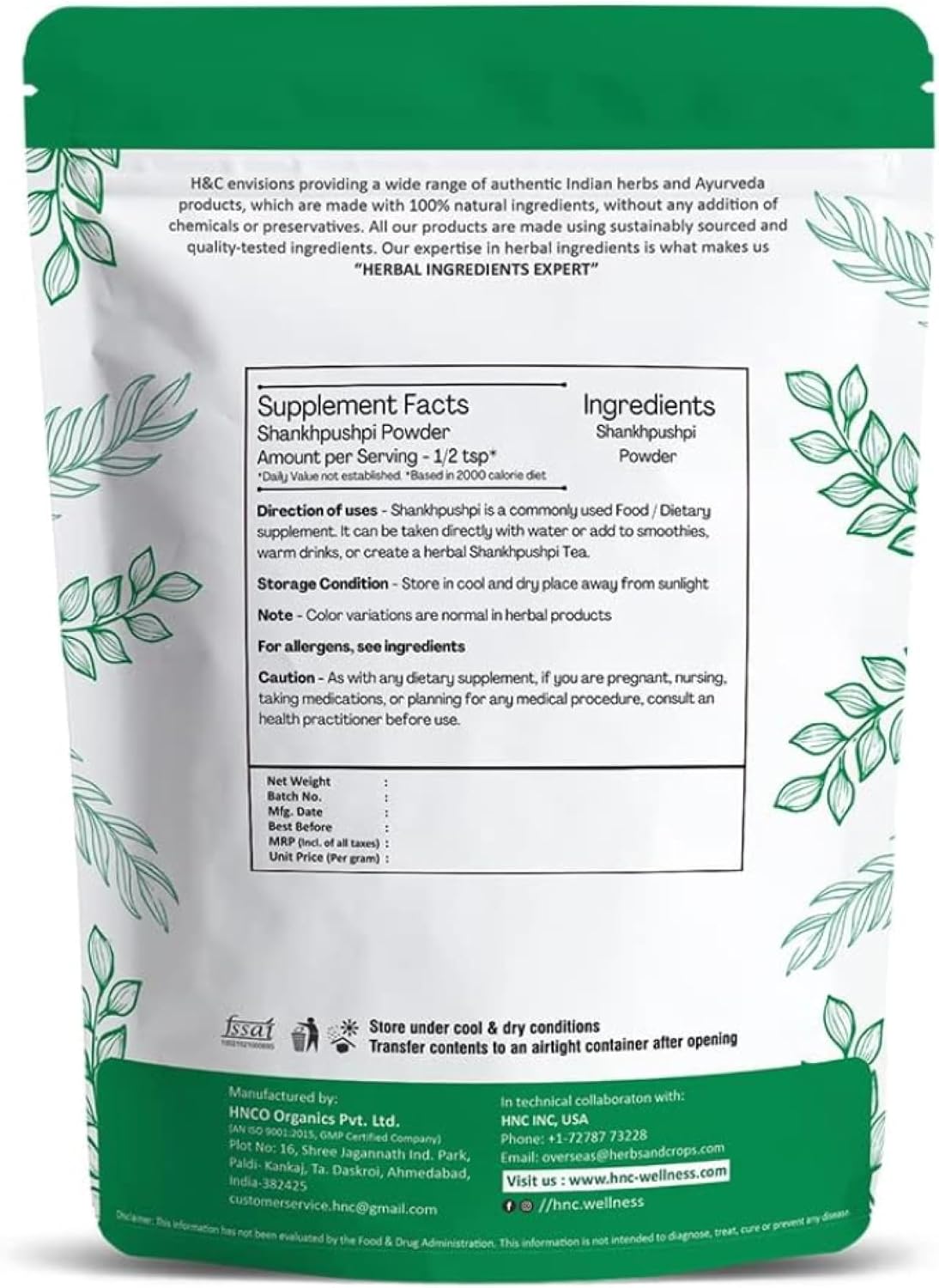 H&C Shankhpushpi Powder (Convolvulus pluricaulis) 227g - Suplemento Ayurvédico para Memoria y Concentración